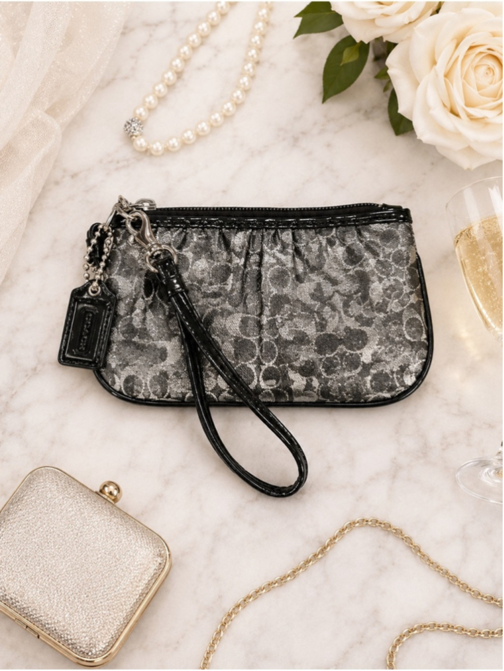 Coach Metallic Silver Black Optic Lurex Wristlet F43363